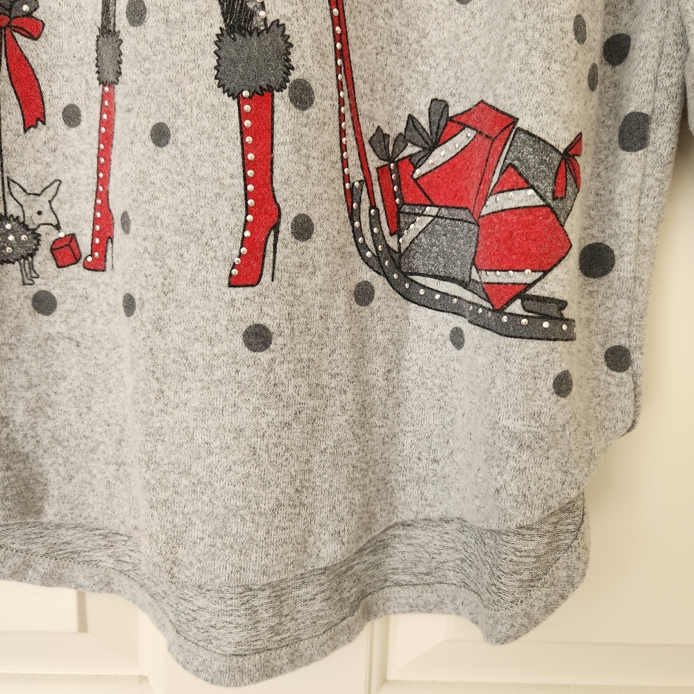 Holiday Sweater Girl & Dog Polka Dots Gray Studs Studded Whimsical Glam - Picture 8 of 16